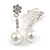 White Faux Glass Pearl Crystal Floral Drop Clip On Earrings In Rhodium Plated Alloy - 35mm L - view 3