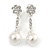 White Faux Glass Pearl Crystal Floral Drop Clip On Earrings In Rhodium Plated Alloy - 35mm L - view 6
