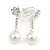 White Faux Glass Pearl Crystal Floral Drop Clip On Earrings In Rhodium Plated Alloy - 35mm L - view 4