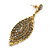 Vintage Inspired Crystal Filigree Leaf Drop  Earrings In Aged Gold Tone - 65mm L - view 4