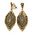 Vintage Inspired Crystal Filigree Leaf Drop Clip On Earrings In Aged Gold Tone - 65mm L