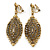 Vintage Inspired Crystal Filigree Leaf Drop Clip On Earrings In Aged Gold Tone - 65mm L - view 2