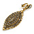 Vintage Inspired Crystal Filigree Leaf Drop Clip On Earrings In Aged Gold Tone - 65mm L - view 4