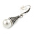 Marcasite Hematite Crystal Faux Pearl Drop Earrings In Silver Tone - 45mm L - view 2