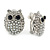 Silver Tone Crystal Faux Pearl Owl Stud Clip On Earrings - 20mm L - view 2
