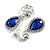 Sapphire Blue/ Clear Crystal Teardrop Clip On Earrings In Silver Tone Metal - 33mm L - view 4