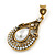 Vintage Inspired Teardrop Crystal, Faux Pearl Clip On Earrings In Aged Gold Tone - 50mm L - view 2