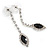 Delicate Black/ Clear Crystal Leaf Drop Earrings In Silver Tone Metal - 45mm L