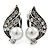 Vintage Inspired Clear Crystal Faux Pearl Leaf Clip On Earrings In Aged Silver Tone - 23mm L