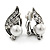 Vintage Inspired Clear Crystal Faux Pearl Leaf Clip On Earrings In Aged Silver Tone - 23mm L - view 2