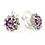 Small Amethyst, Clear Crystal Floral Clip On Earrings In Silver Tone - 15mm L