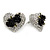 Clear Crystal with Black Rose Motif Stud Heart Earrings In Rhodium Plated Metal - 20mm L