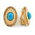 Polished Gold Tone Oval Clear Crystal Simulated Turquoise Stone Clip On Earrings - 25mm L
