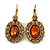 Vintage Inspired Oval Amber/ Citrine Crystal Drop Earrings with Leverback Closure In Antique Gold Tone - 40mm L - view 2