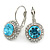 Round Cut Sky Blue Glass/ Clear Crystal Drop Earrings With Leverback Closure In Rhodium Plated Metal - 27mm L - view 4