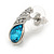 Small Azure Blue, Clear Crystal Teardrop Stud Earrings In Silver Tone Metal - 18mm Tall - view 4