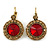 Vintage Inspired Round Cut Topaz/ Red Glass Stone Drop Earrings With Leverback Closure In Antique Gold Metal - 40mm L - view 4