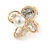 Delicate CZ, Faux Pearl Flower Clip On Earrings In Gold Tone -17mm D - view 2