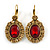 Vintage Inspired Oval Red/ Light Topaz Crystal Drop Earrings with Leverback Closure In Antique Gold Tone - 40mm L - view 4