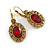 Vintage Inspired Oval Red/ Light Topaz Crystal Drop Earrings with Leverback Closure In Antique Gold Tone - 40mm L - view 5