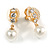 Delicate Crystal Faux Pearl Drop Clip On Earrings In Gold Tone - 30mm Long - view 2