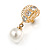 Delicate Crystal Faux Pearl Drop Clip On Earrings In Gold Tone - 30mm Long - view 3