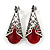 Marcasite Hematite Crystal, Red Glass, Filigree Teardrop Earrings In Aged Silver Tone - 40mm L