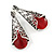 Marcasite Hematite Crystal, Red Glass, Filigree Teardrop Earrings In Aged Silver Tone - 40mm L - view 4