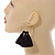 Trendy Black Cotton Tassel Gold Tone Hoop Earrings - 65mm Long - view 3