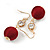 Burgundy Red Silk Cord Ball with Clear Crystal Drop Earrings In Gold Tone - 50mm L - view 5