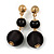 Black Double Ball Drop Earrings In Gold Tone - 55mm L - view 2
