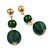 Green Double Ball Drop Earrings In Gold Tone - 55mm L