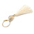 Long Off White Cotton Ball and Tassel Hoop Earrings In Gold Tone Metal - 12.5cm L - view 5