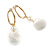 Trendy White Faux Velour Ball with Gold Tone Oval Drop Earrings - 60mm L - view 2