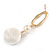 Trendy White Faux Velour Ball with Gold Tone Oval Drop Earrings - 60mm L - view 4