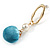 Trendy Pastel Teal Faux Velour Ball with Gold Tone Oval Drop Earrings - 60mm L - view 5