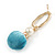 Trendy Pastel Teal Faux Velour Ball with Gold Tone Oval Drop Earrings - 60mm L - view 7
