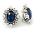 Dark Blue/ Clear Glass Stone, White Faux Pearl Oval Clip On Earrings In Silver Tone - 27mm Tall - view 2