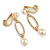 Stunning Clear Crystal Cream Faux Pearl Oval Drop Clip On Earrings In Gold Plating - 40mm Long - view 5