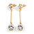 Gold Tone Clear Crystal Bar Drop Earrings - 50mm L