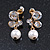 Delicate Clear Cz White Faux Pearl Butterfly Drop Earrings In Gold Tone - 25mm L - view 4