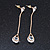 Trendy Teardrop Clear Cz Linear Chain Earrings In Gold Tone Metal - 55mm Tall - view 4