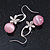 Romantic Clear Crystal Flower with Pink Glass Ball Bead Drop Earrings In Silver Tone - 45mm Long - view 4