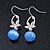 Romantic Clear Crystal Flower with Blue Glass Ball Bead Drop Earrings In Silver Tone - 45mm Long - view 2
