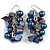 Dark Blue Glass Bead, Shell Nugget Cluster Dangle/ Drop Earrings In Silver Tone - 60mm Long