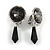 Vintage Inspired Textured Dim Grey Crystal with Black Dangle Clip On Earrings In Aged Silver Tone Metal - 45mm L - view 2