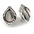Vintage Inspired Leaf Shape Crystal with Cat Eye Clip On Earrings In Aged Silver Tone - 25mm Tall - view 2