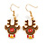 Christmas Reindeer Brown/ Red/ Yellow Enamel Drop Earrings In Gold Tone - 45mm Tall - view 4