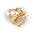 Statement Double Faux Pearl Crystal Clip On Earrings In Gold Tone - 25mm Tall - view 4