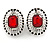 Vintage Inspired Dome Shape Red Glass Oval Clip On Earrings In Silver Tone - 23mm Tall